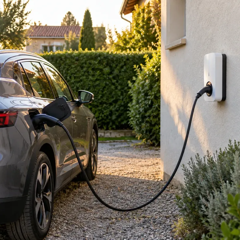 Câble de recharge branché sur la borne d'une maison